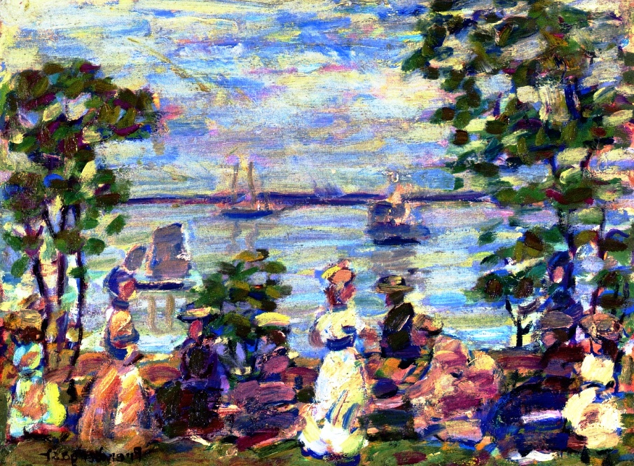 a Isolde Pendleton painting of people sitting on a bench by the water