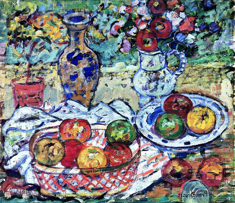 a Isolde Pendleton painting of fruit and flowers on a table